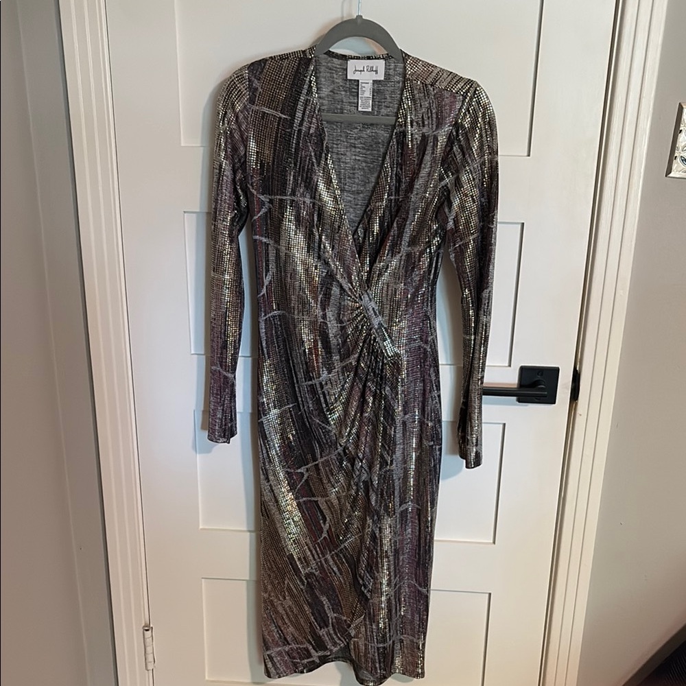 Joseph Ribkoff Silver multi Ruched Faux Wrap Sparkly Dress Size 6